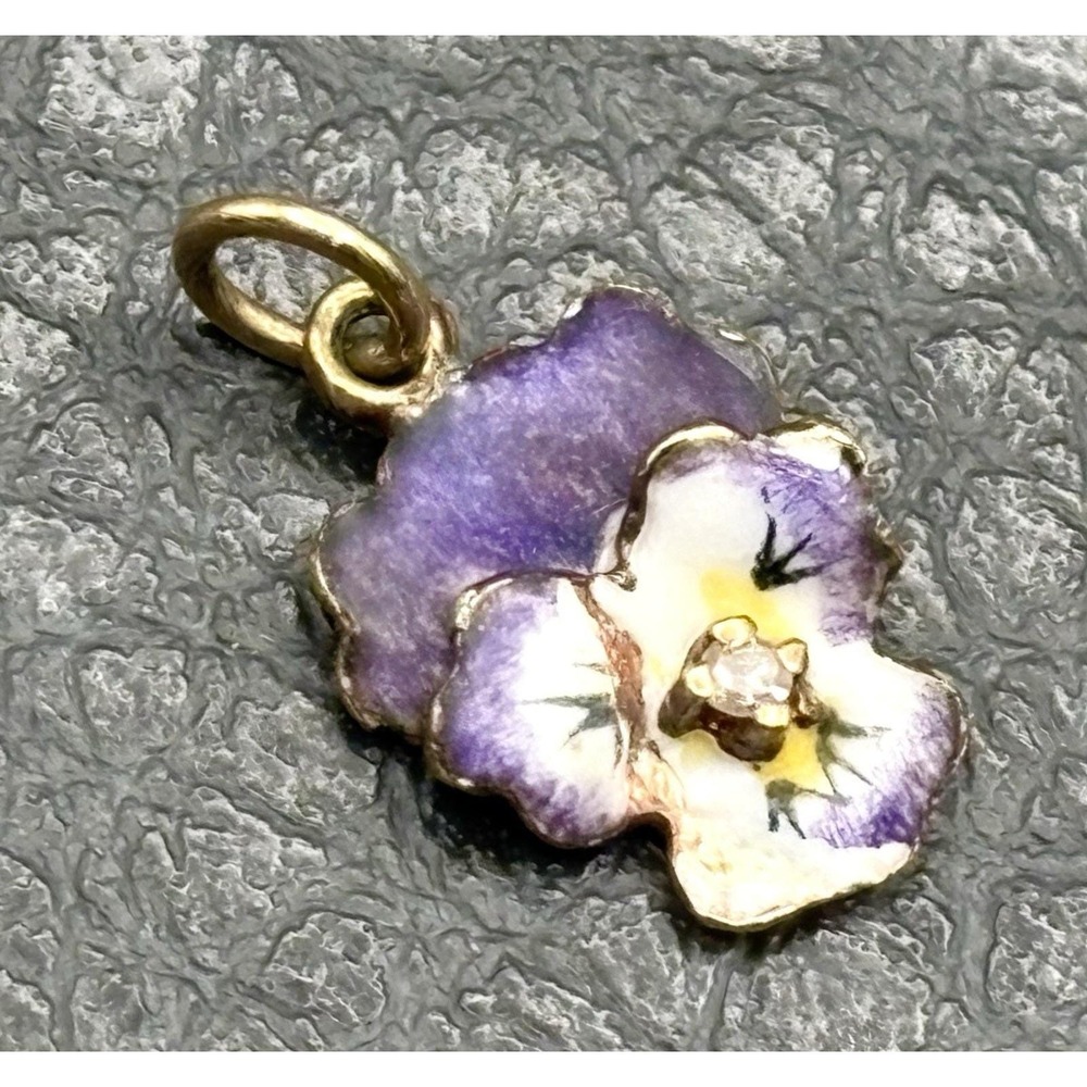 VTG 14K Gold Purple Enamel Pansy Violet Flower Diamond Antique Pendant Or Charm